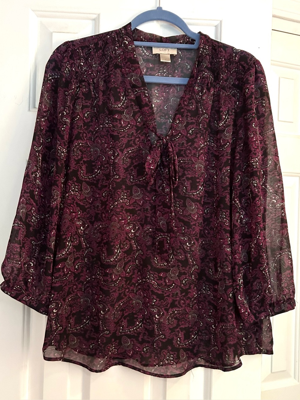 LOFT Women's Paisley Sheer Tie-Neck Blouse in Burgundy
